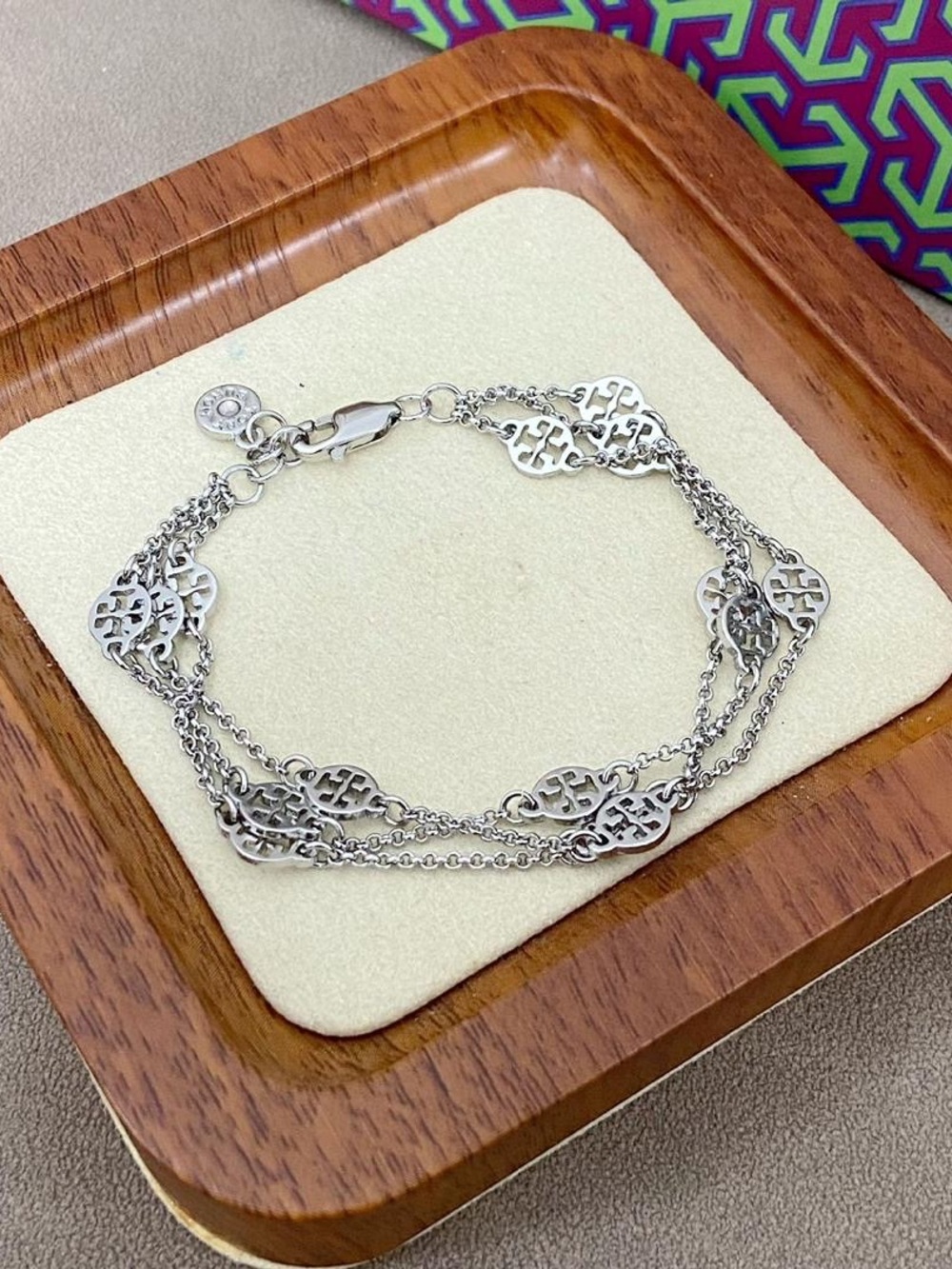Tory Burch Silver Multi-Strand Logo Charm Bracelet